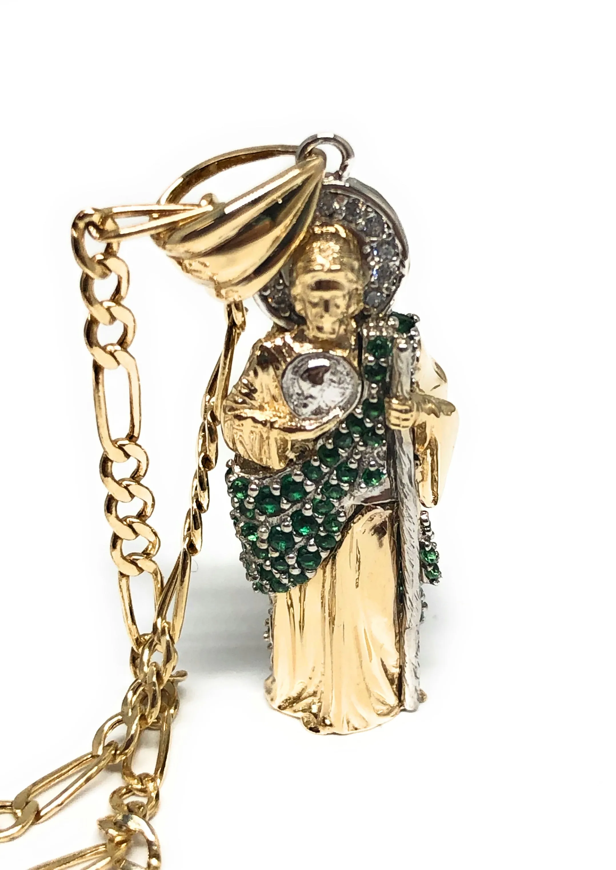 10k Solid Gold Saan Judas Saaint Jude 3D Pendant Green CZ FULL 3D Statue (FC)