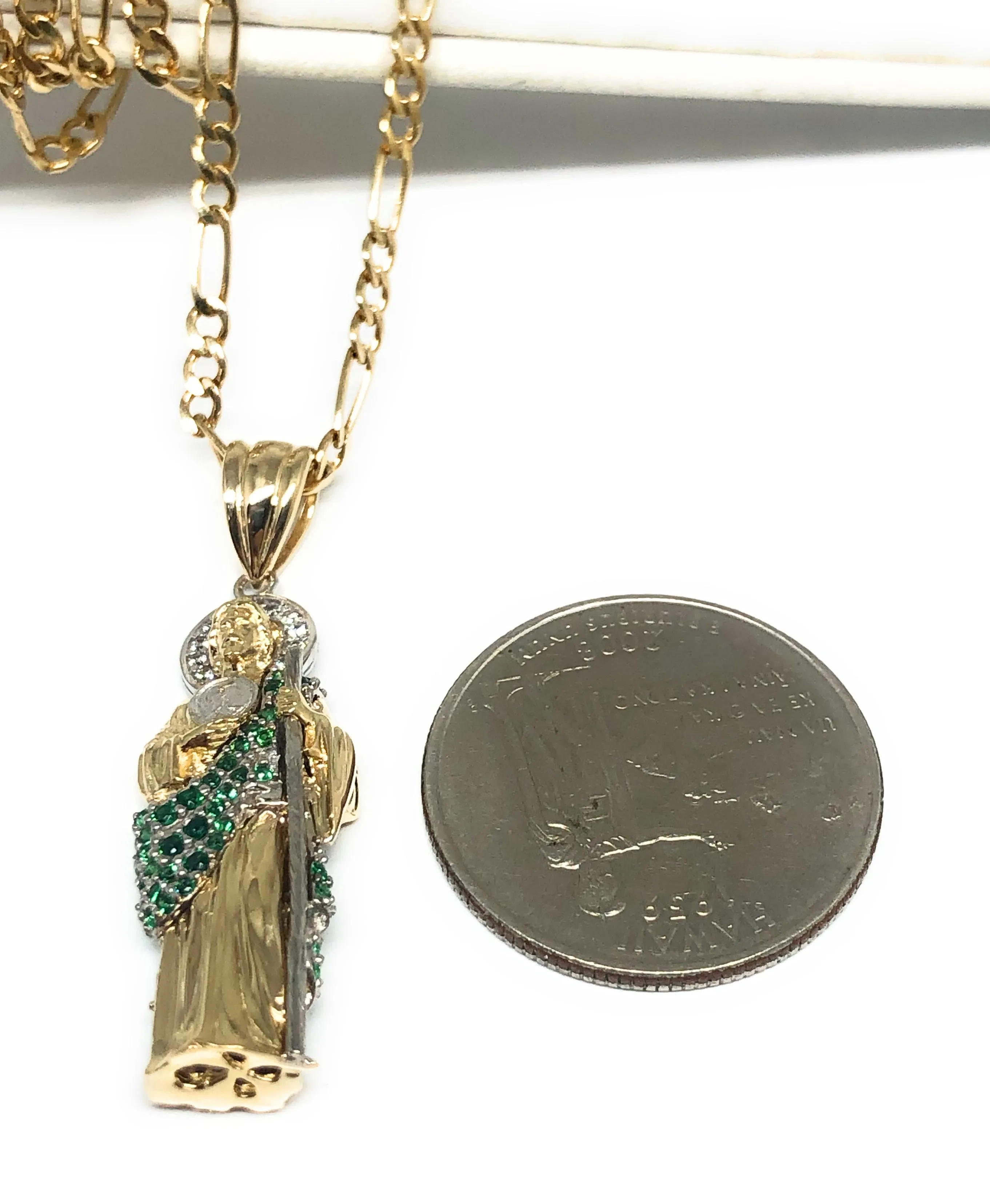 10k Solid Gold Saan Judas Saaint Jude 3D Pendant Green CZ FULL 3D Statue (FC)