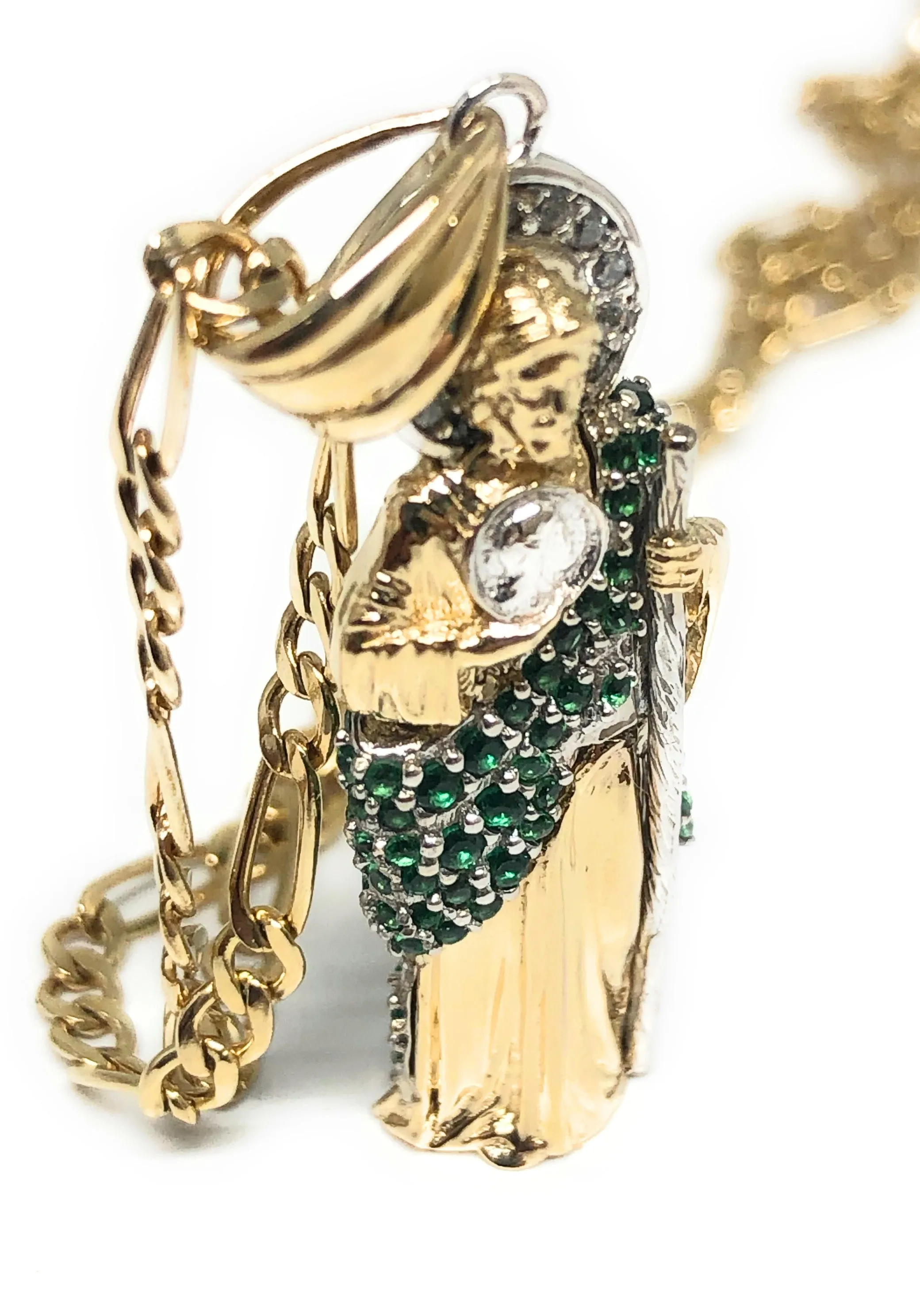 10k Solid Gold Saan Judas Saaint Jude 3D Pendant Green CZ FULL 3D Statue (FC)