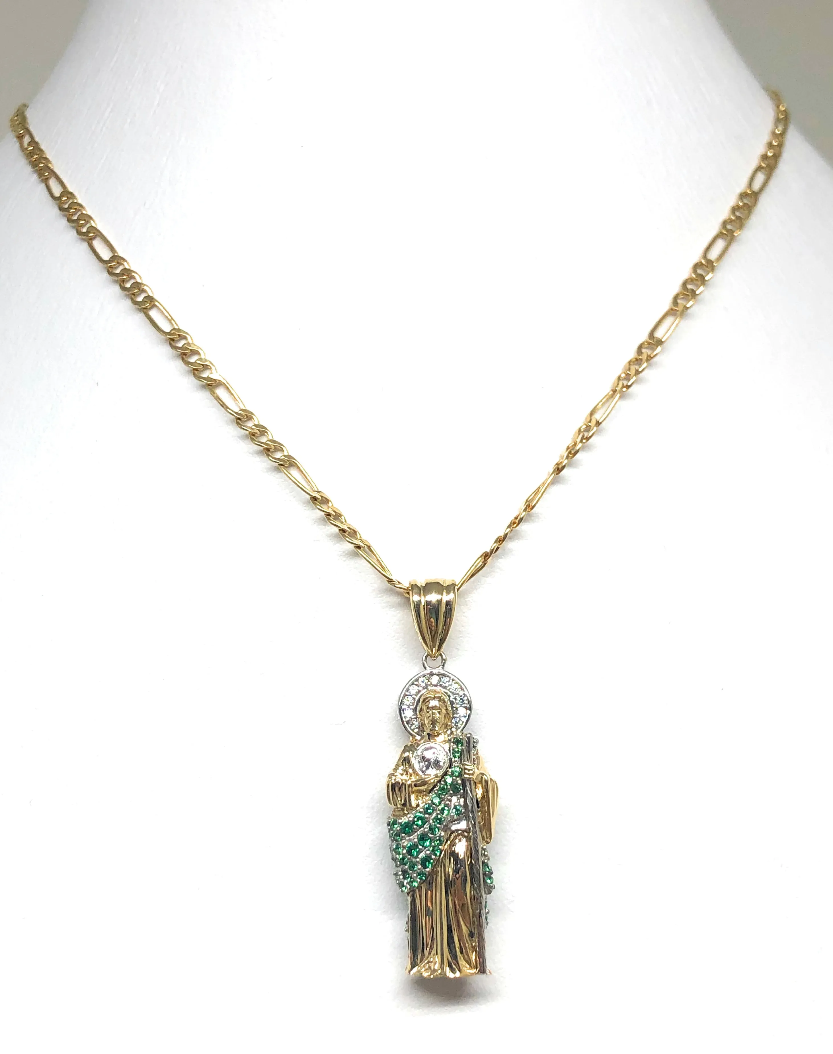 10k Solid Gold Saan Judas Saaint Jude 3D Pendant Green CZ FULL 3D Statue (FC)