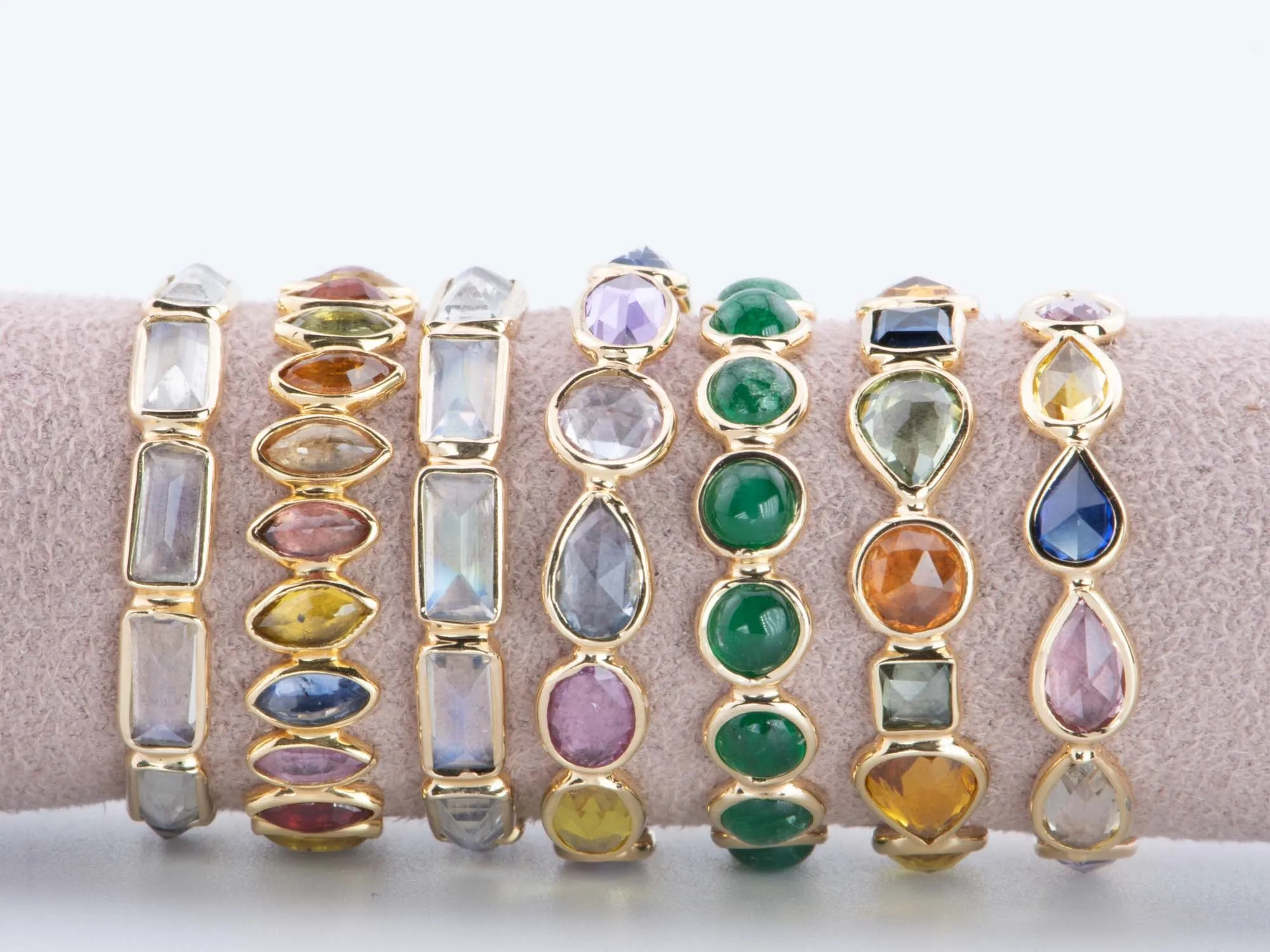 14K 18K Gold Colorful Gemstone Circle Bezel Set Full Eternity Band