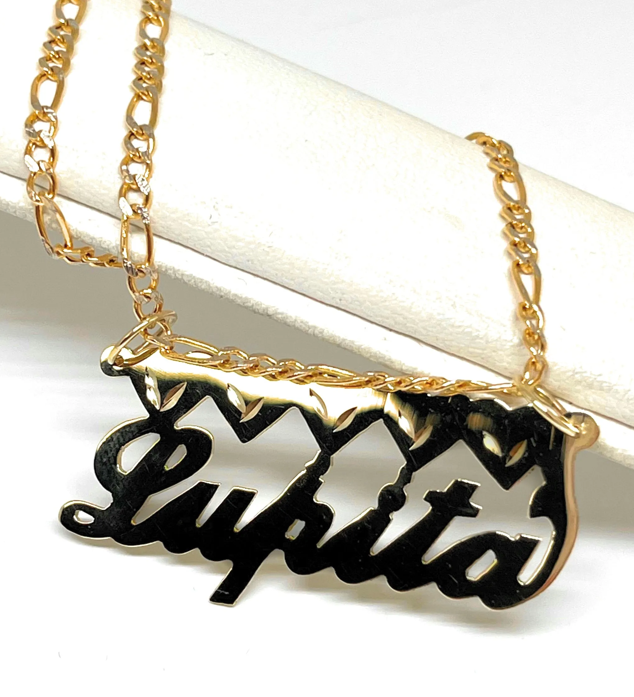 14k Solid Gold Custom CURSIVE WITH FULL HEARTS Nameplate Pendant Necklace with Chain Options