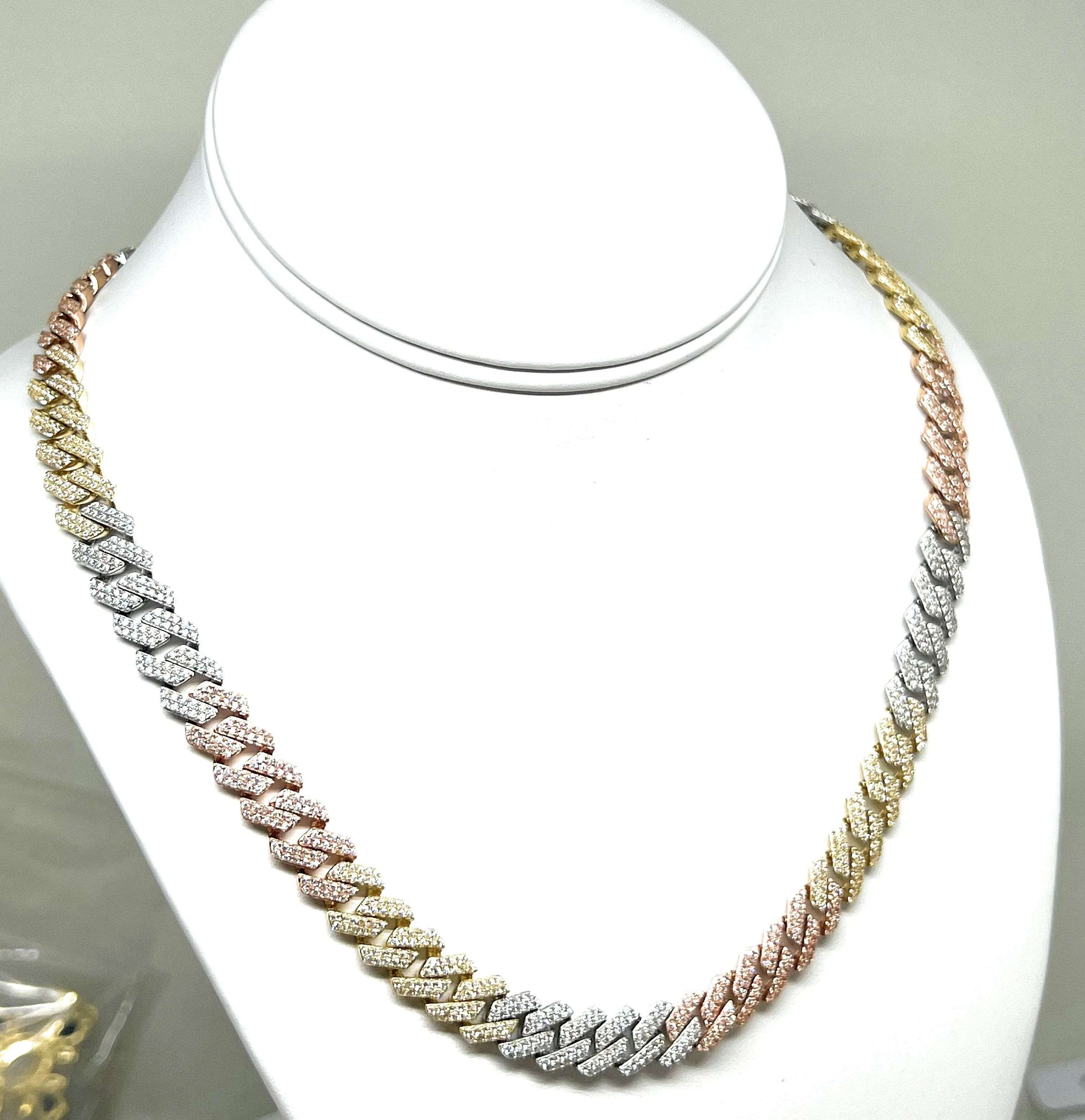 14k Solid Gold EDGE Miami Cuban Link FULL CZ TRI-COLOR Chain 16-24 inches 9mm CZ Lock (Semi-Hollow) 33-45g