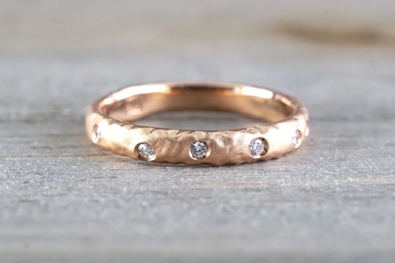 14k Solid Rose Gold Diamond Scattered Satin Finish Matte Brushed Hammered Ring Band Wedding