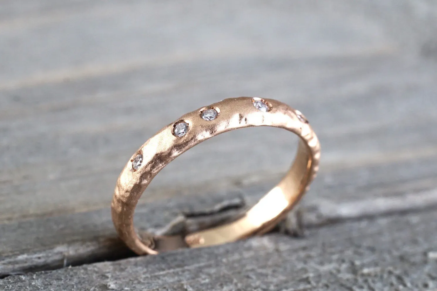 14k Solid Rose Gold Diamond Scattered Satin Finish Matte Brushed Hammered Ring Band Wedding