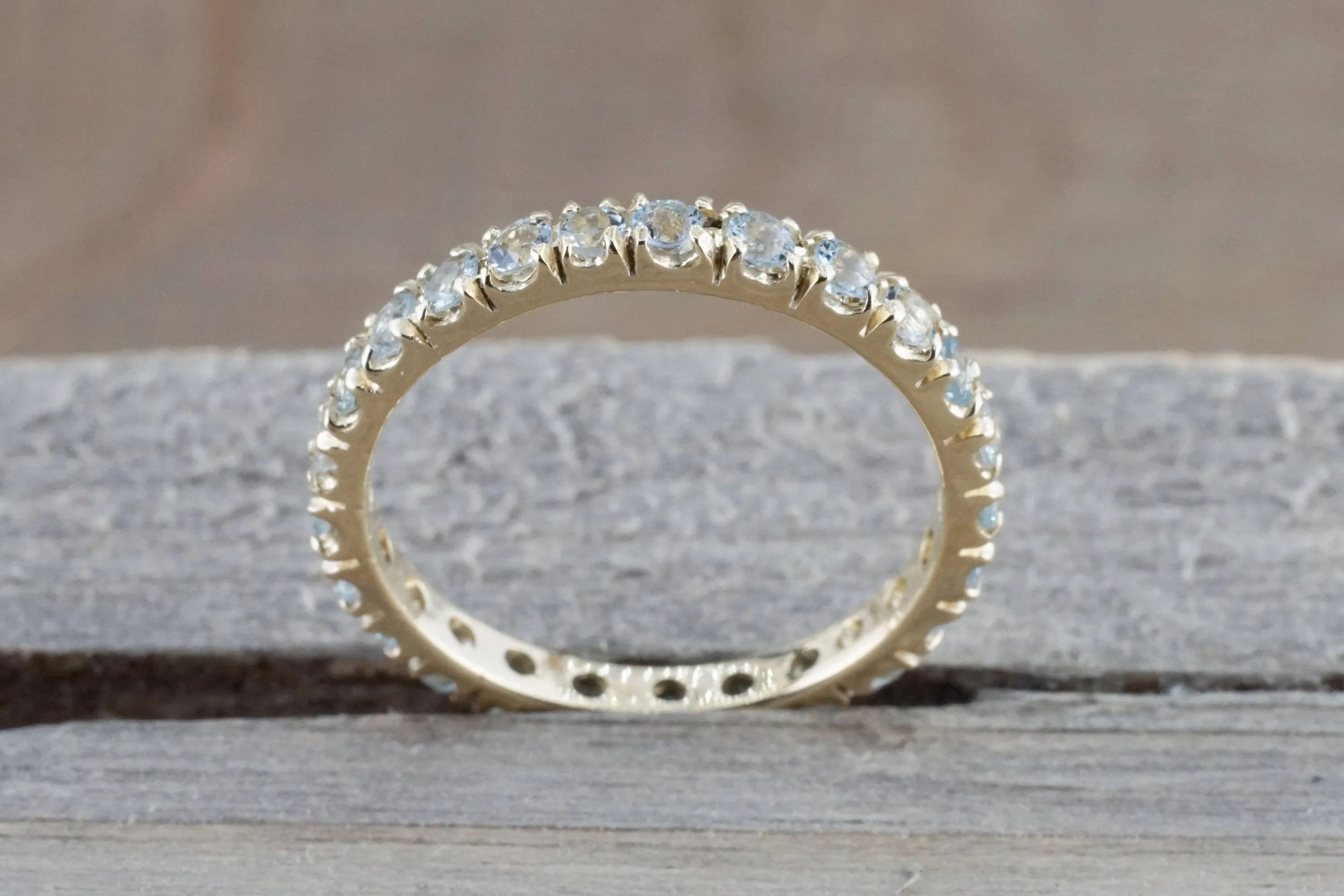 14k Yellow Gold Aquamarine Full Eternity Band Wedding Anniversary Engagement Promise Stackable Ring