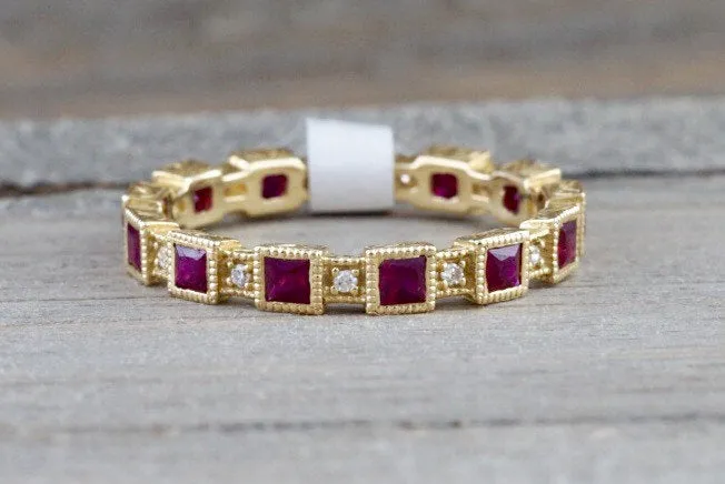 14k Yellow Gold Square Princess Cut Red Ruby FULL Eternity Gemstone Diamond Vintage Antique Classic Band Ring Style Design Art D