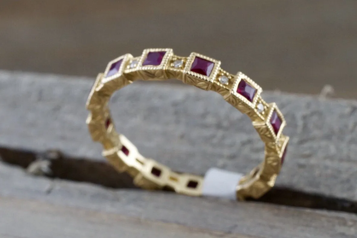 14k Yellow Gold Square Princess Cut Red Ruby FULL Eternity Gemstone Diamond Vintage Antique Classic Band Ring Style Design Art D