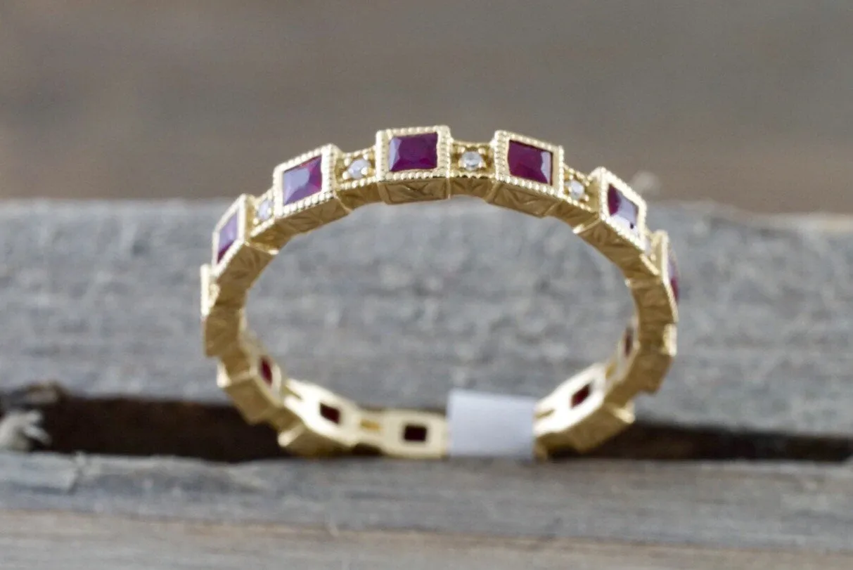 14k Yellow Gold Square Princess Cut Red Ruby FULL Eternity Gemstone Diamond Vintage Antique Classic Band Ring Style Design Art D