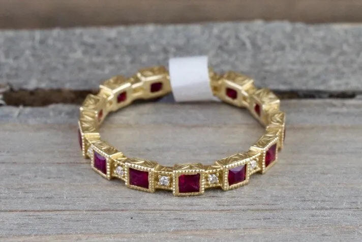 14k Yellow Gold Square Princess Cut Red Ruby FULL Eternity Gemstone Diamond Vintage Antique Classic Band Ring Style Design Art D