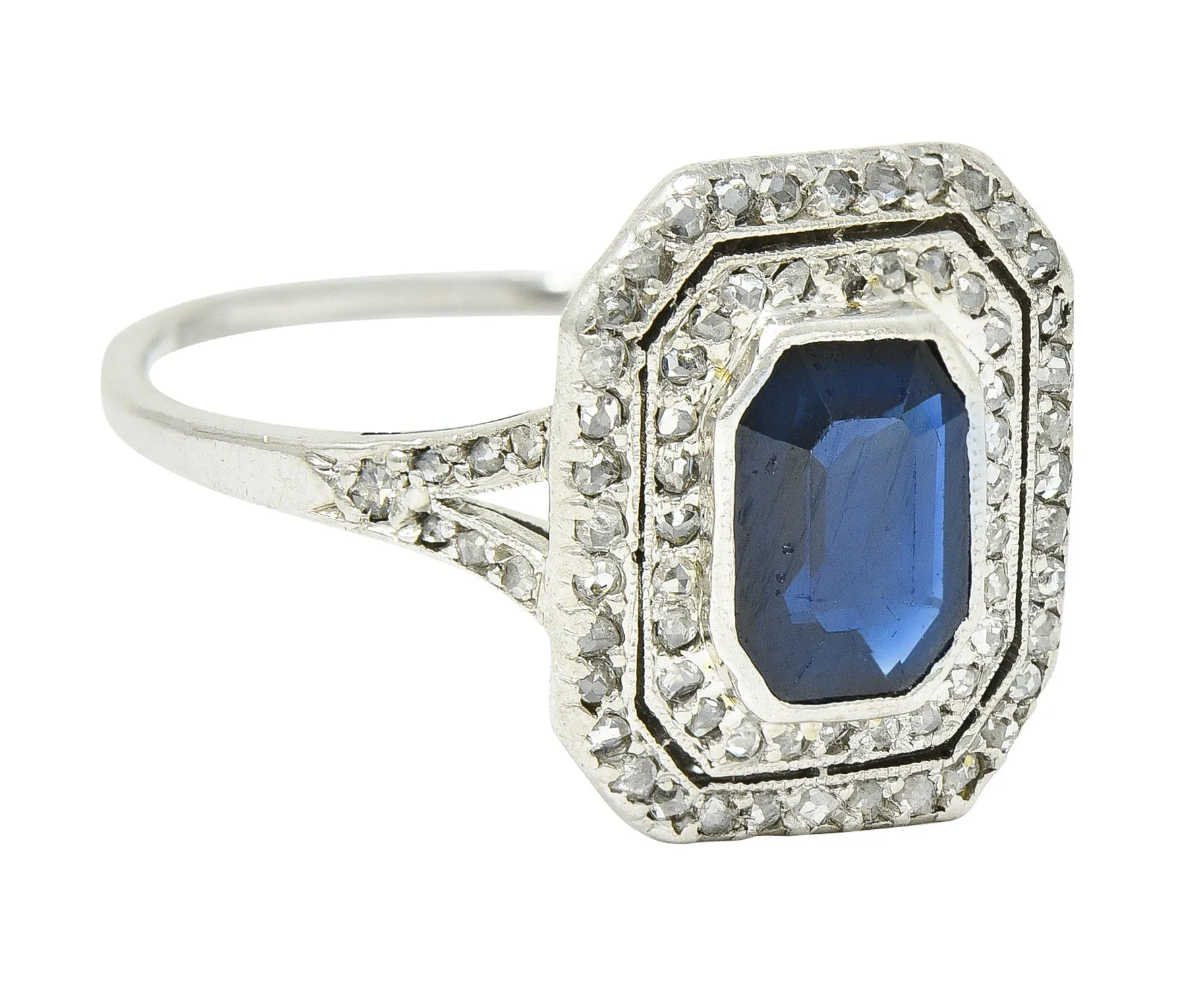 1920's Early Art Deco 1.75 CTW Sapphire Diamond Platinum Double Halo Ring