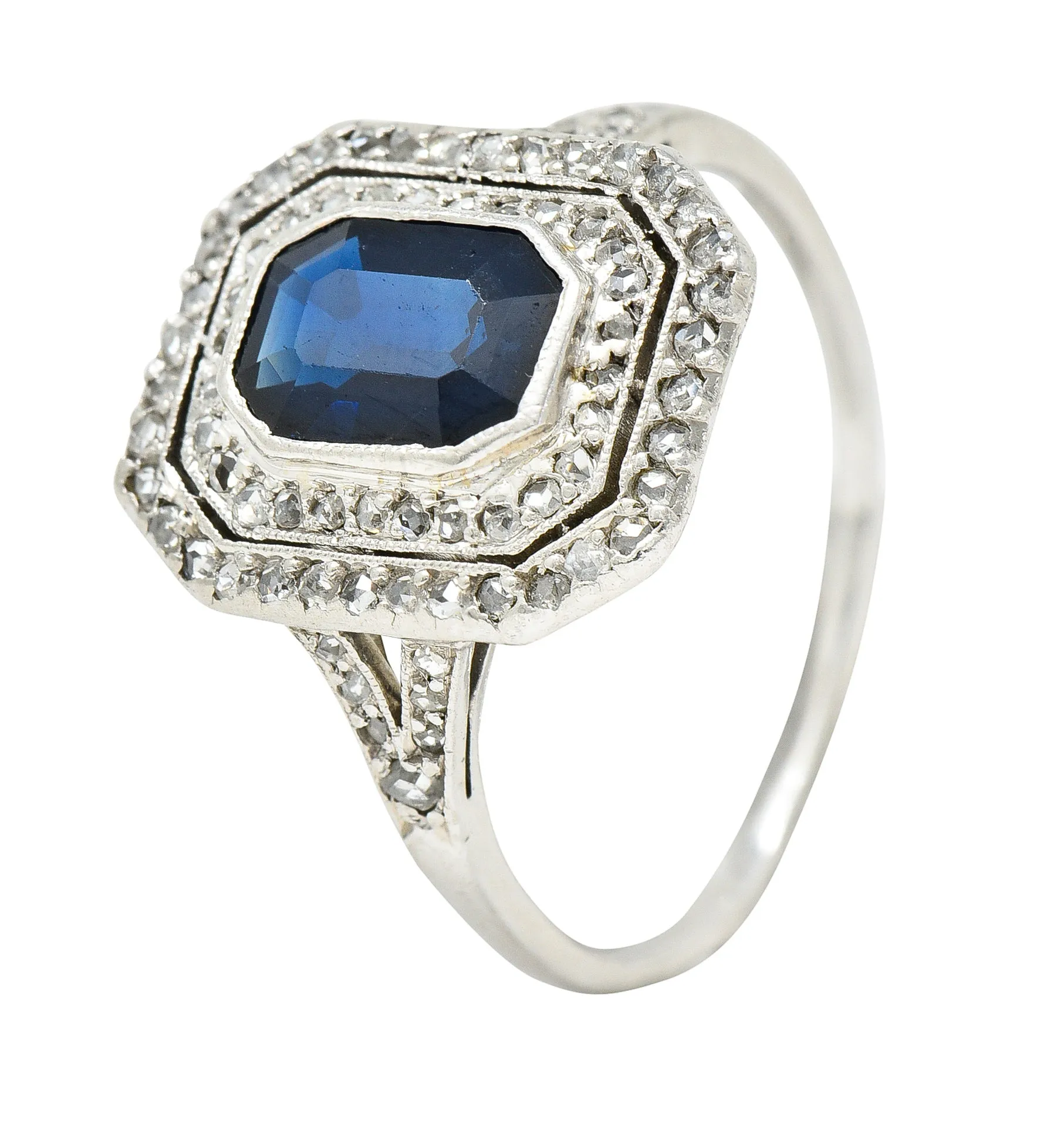 1920's Early Art Deco 1.75 CTW Sapphire Diamond Platinum Double Halo Ring