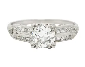 1950's Mid-Century 1.37 CTW Diamond Platinum Pointed Shoulder Vintage Engagement Ring GIA