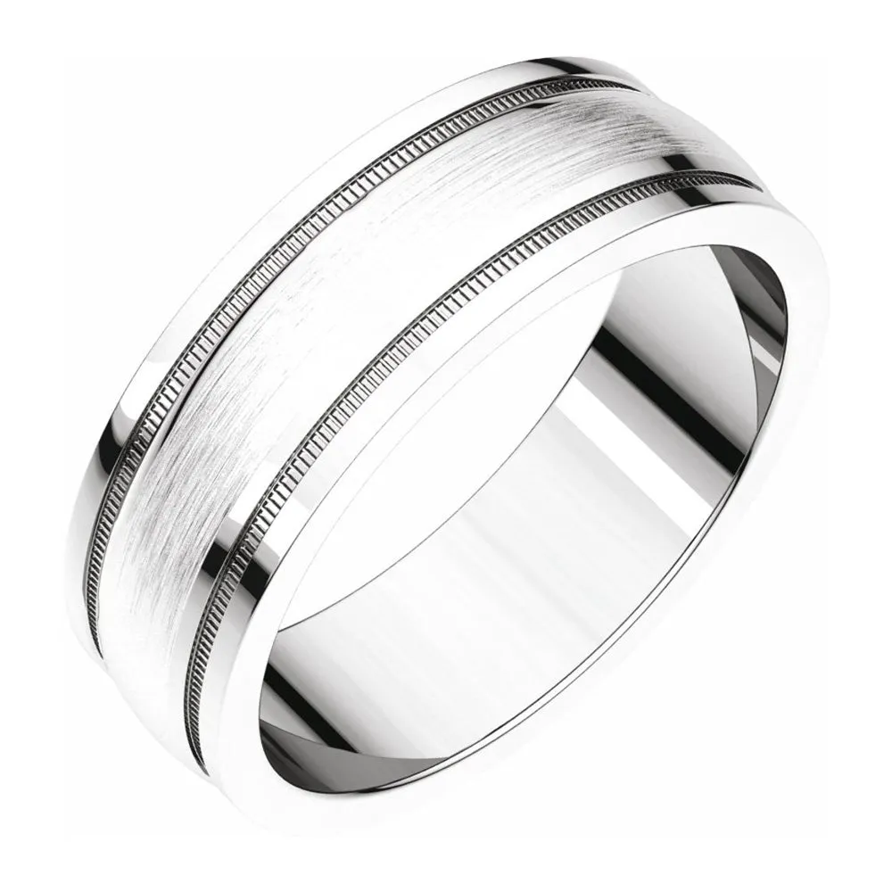 6mm 14K White Gold Flat Edge Satin Center Milgrain Comfort Fit Band