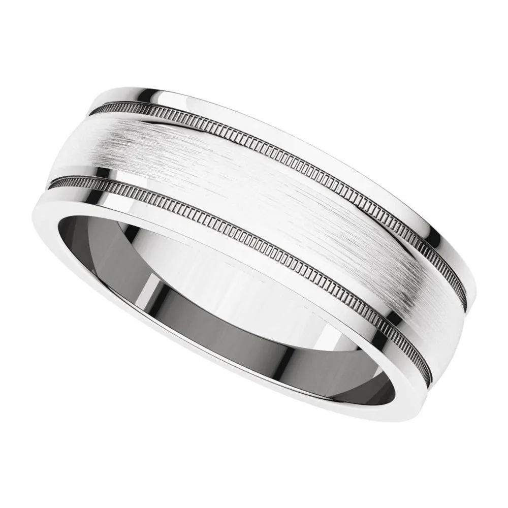 6mm 14K White Gold Flat Edge Satin Center Milgrain Comfort Fit Band