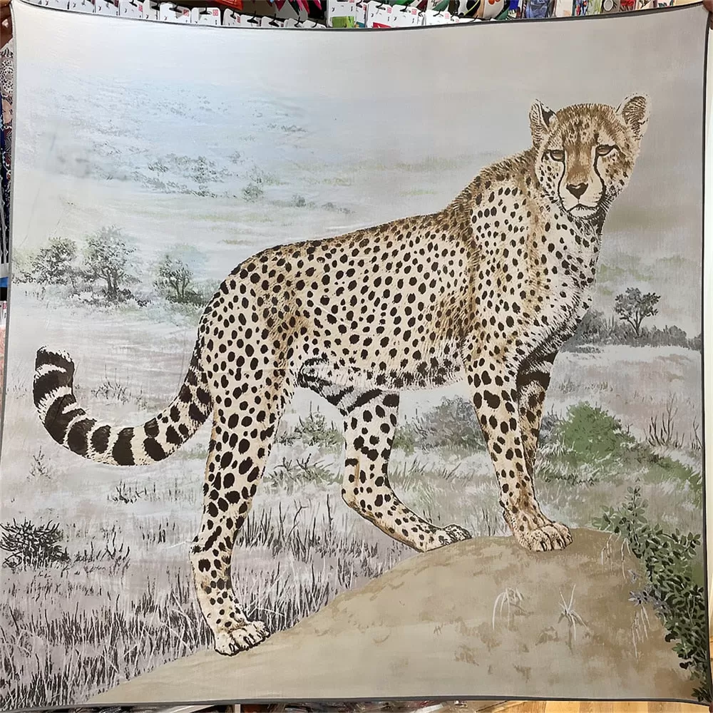 70% Cashmere 30% Silk Scarf Fashion Tan Cheetah Leopard Shawl Hand Rolled Kerchief 53 Square