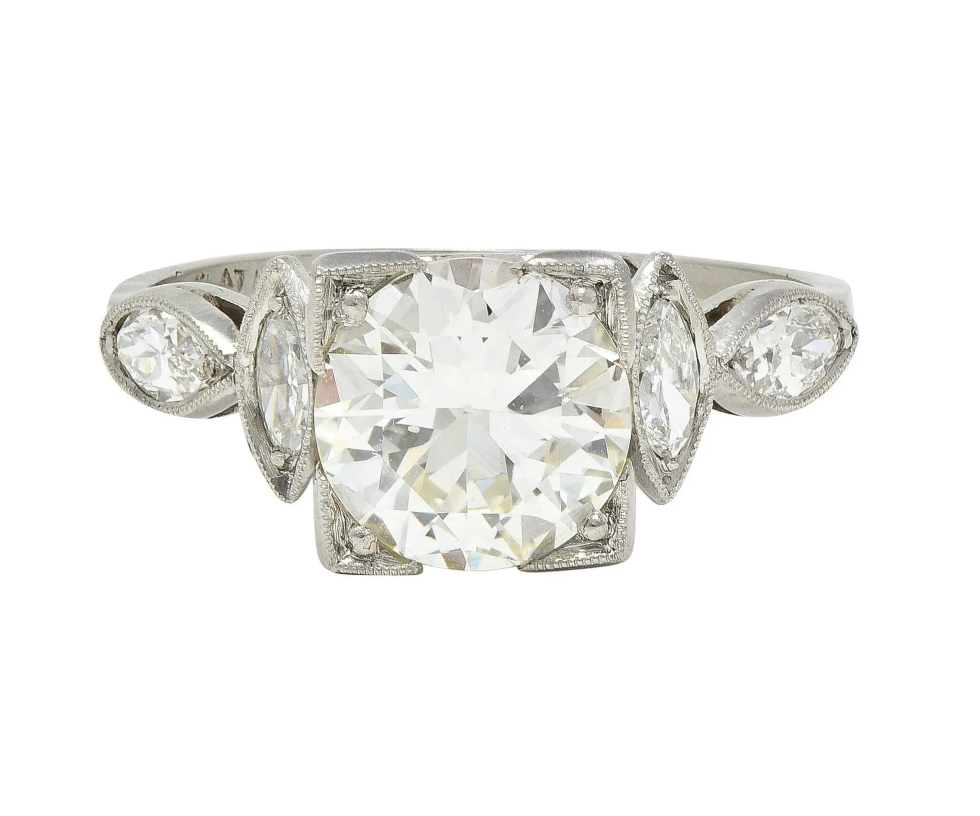 Art Deco 1.96 CTW Old European Diamond Platinum Marquise Shoulder Vintage Engagement Ring