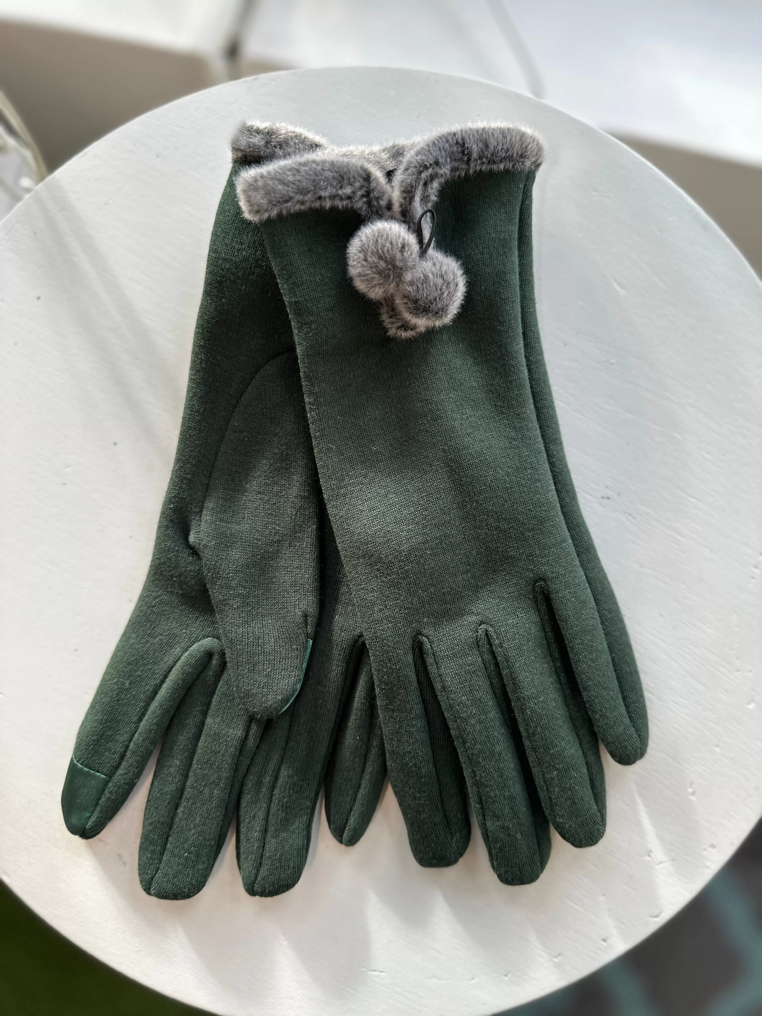 Bella Texting Glove with Faux Fur Trim with PomPom Accents