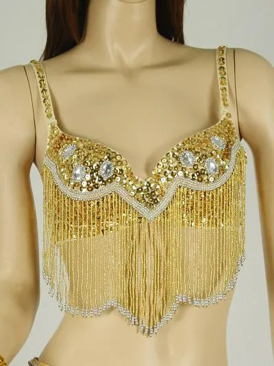 Belly Dance Costume Bra Yellow Rhinestone Fringe Bra Pattern Women's Bollywood Dance Top