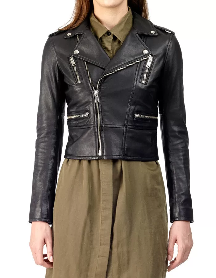 BIRDY - Cropped Leather Biker Jacket