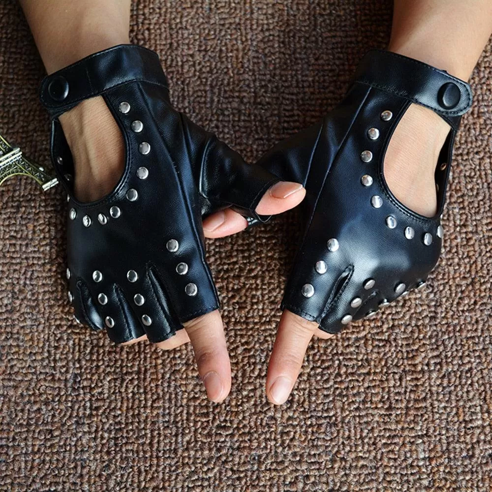 Black PU Leather Fingerless Punk Gloves