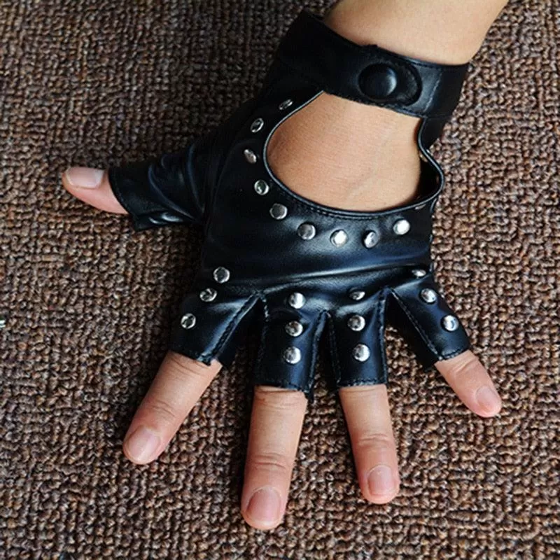 Black PU Leather Fingerless Punk Gloves