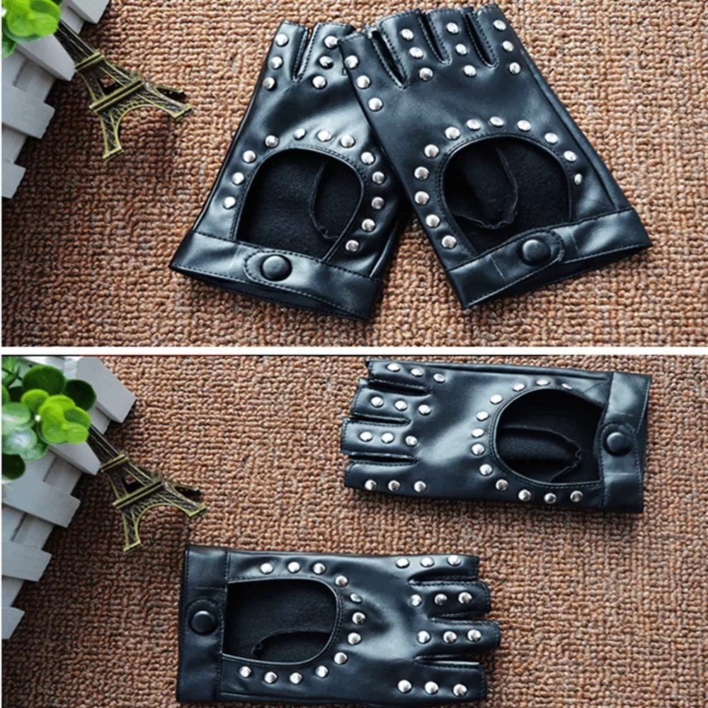 Black PU Leather Fingerless Punk Gloves