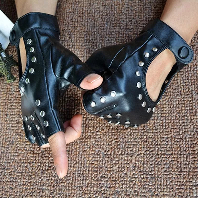 Black PU Leather Fingerless Punk Gloves