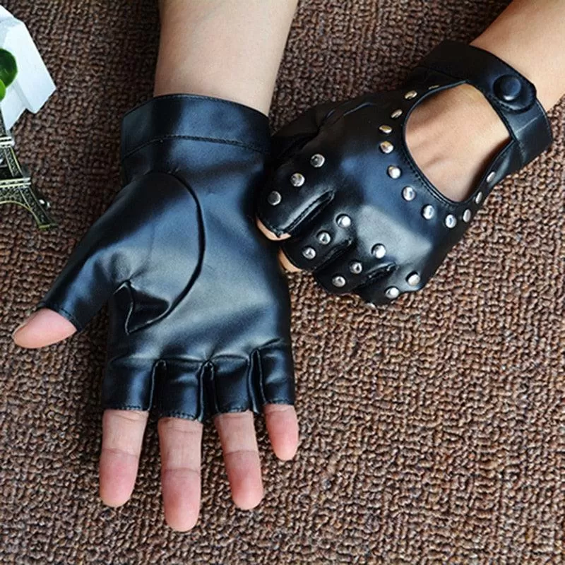 Black PU Leather Fingerless Punk Gloves