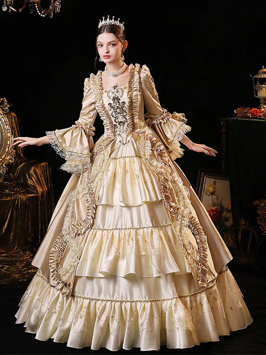 Champagne  Retro Tudor Dress Costumes  Women's Polyester Dress Euro-Style Marie Antoinette Costume Party Prom Dress