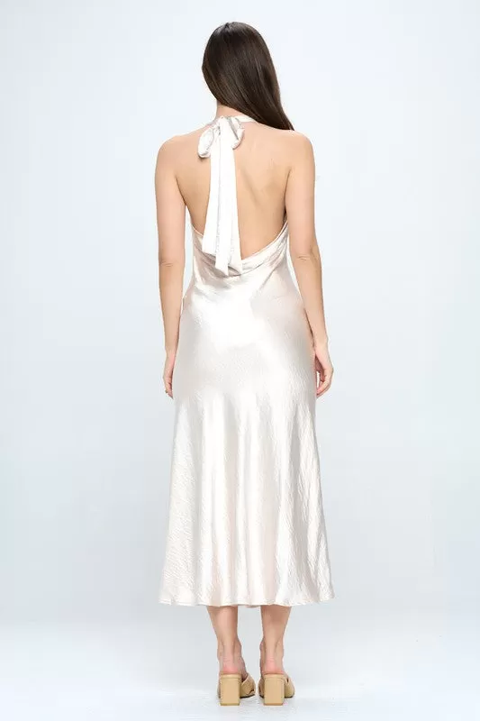 Champagne Satin Draped Halter Neck Midi Dress