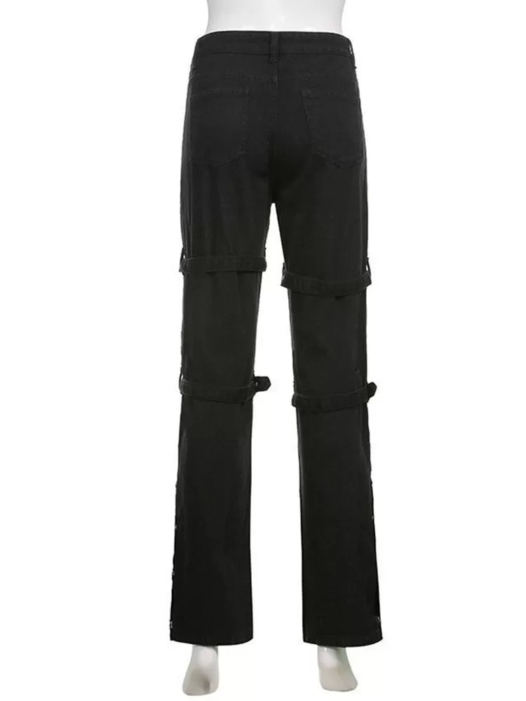 Cyber Punk Goth Baggy Jeans with Eyelet Buckle Detailing