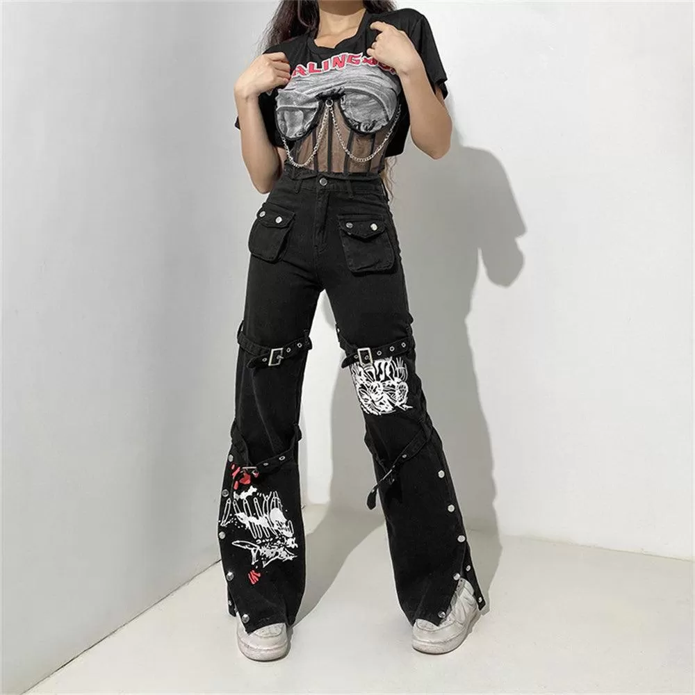 Cyber Punk Goth Baggy Jeans with Eyelet Buckle Detailing