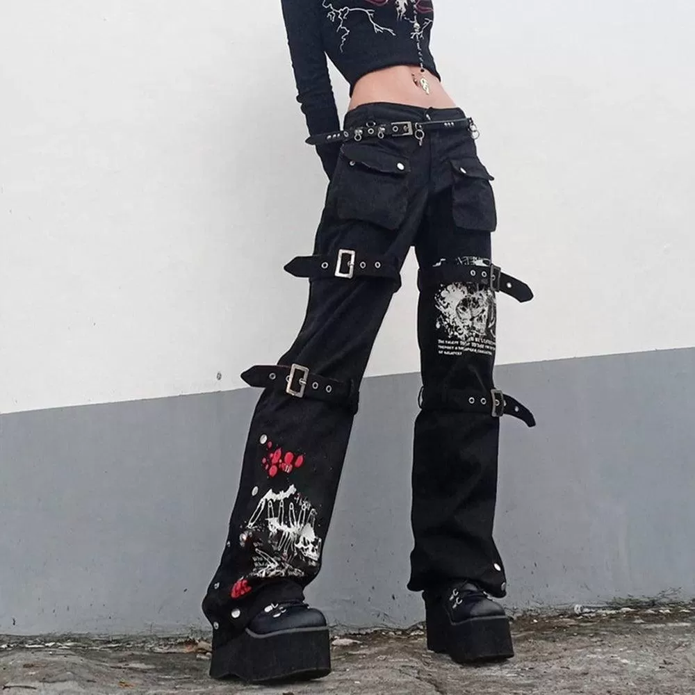 Cyber Punk Goth Baggy Jeans with Eyelet Buckle Detailing