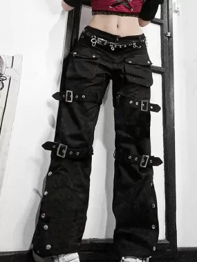 Cyber Punk Goth Baggy Jeans with Eyelet Buckle Detailing