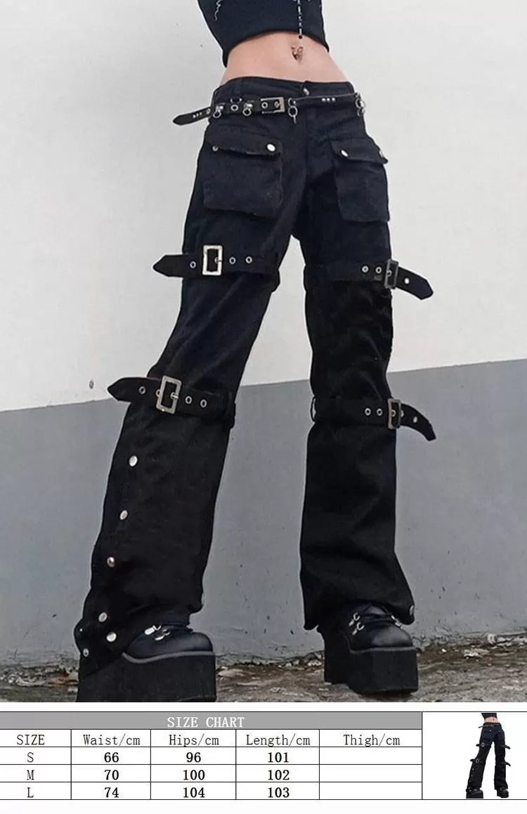 Cyber Punk Goth Baggy Jeans with Eyelet Buckle Detailing