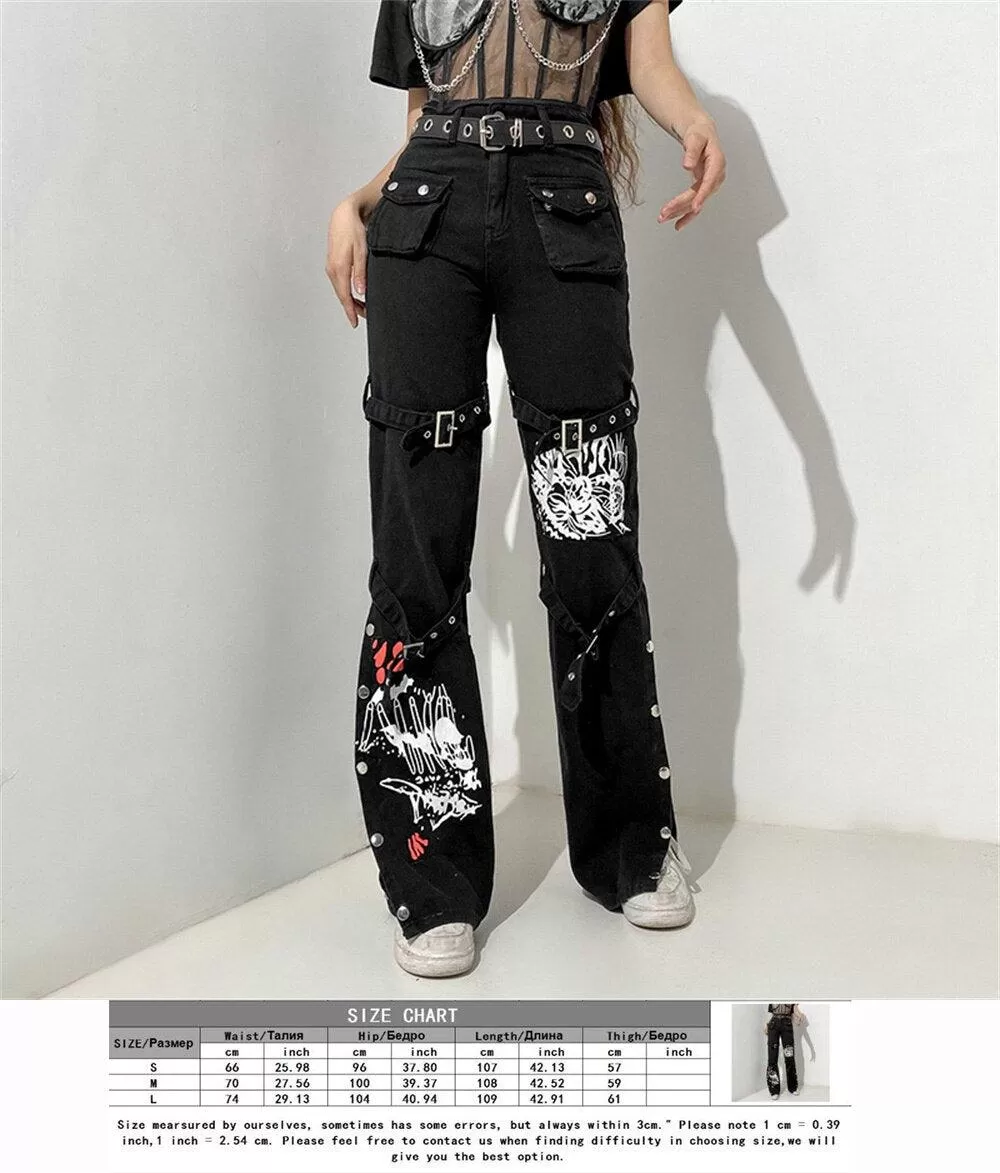 Cyber Punk Goth Baggy Jeans with Eyelet Buckle Detailing