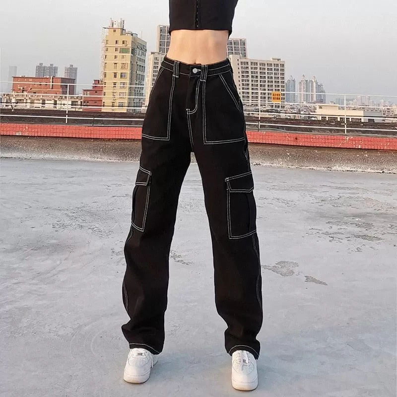 Cyber Punk Goth Baggy Jeans with Eyelet Buckle Detailing