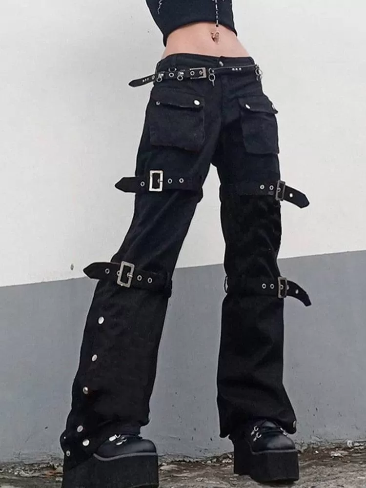 Cyber Punk Goth Baggy Jeans with Eyelet Buckle Detailing