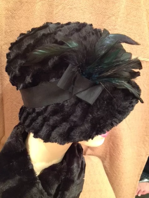 Desert Sand in Midnight Luxury Faux Fur Grace Hat with Black Band and Blue and Black Feathers: Size Medium