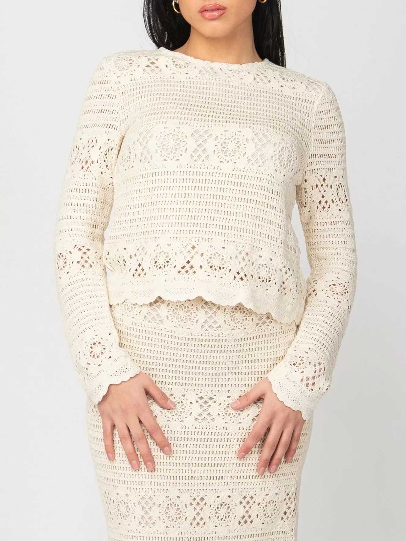 DEX Crochet Long Sleeve Top and Midi Skirt Set