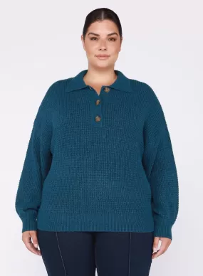 Dex Plus Polo Front Sweater In Heather Teal