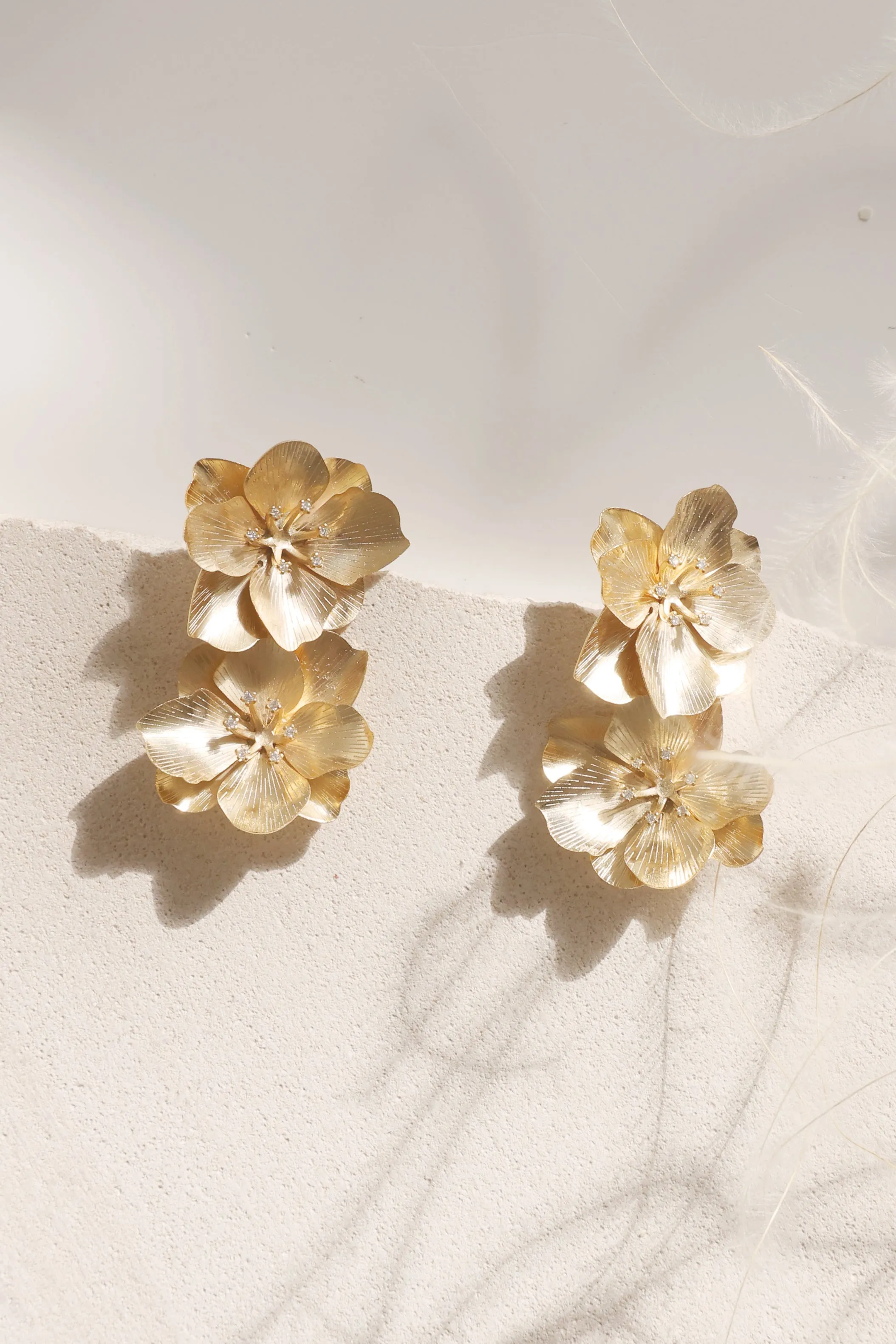 Double Golden Flower Post Earrings