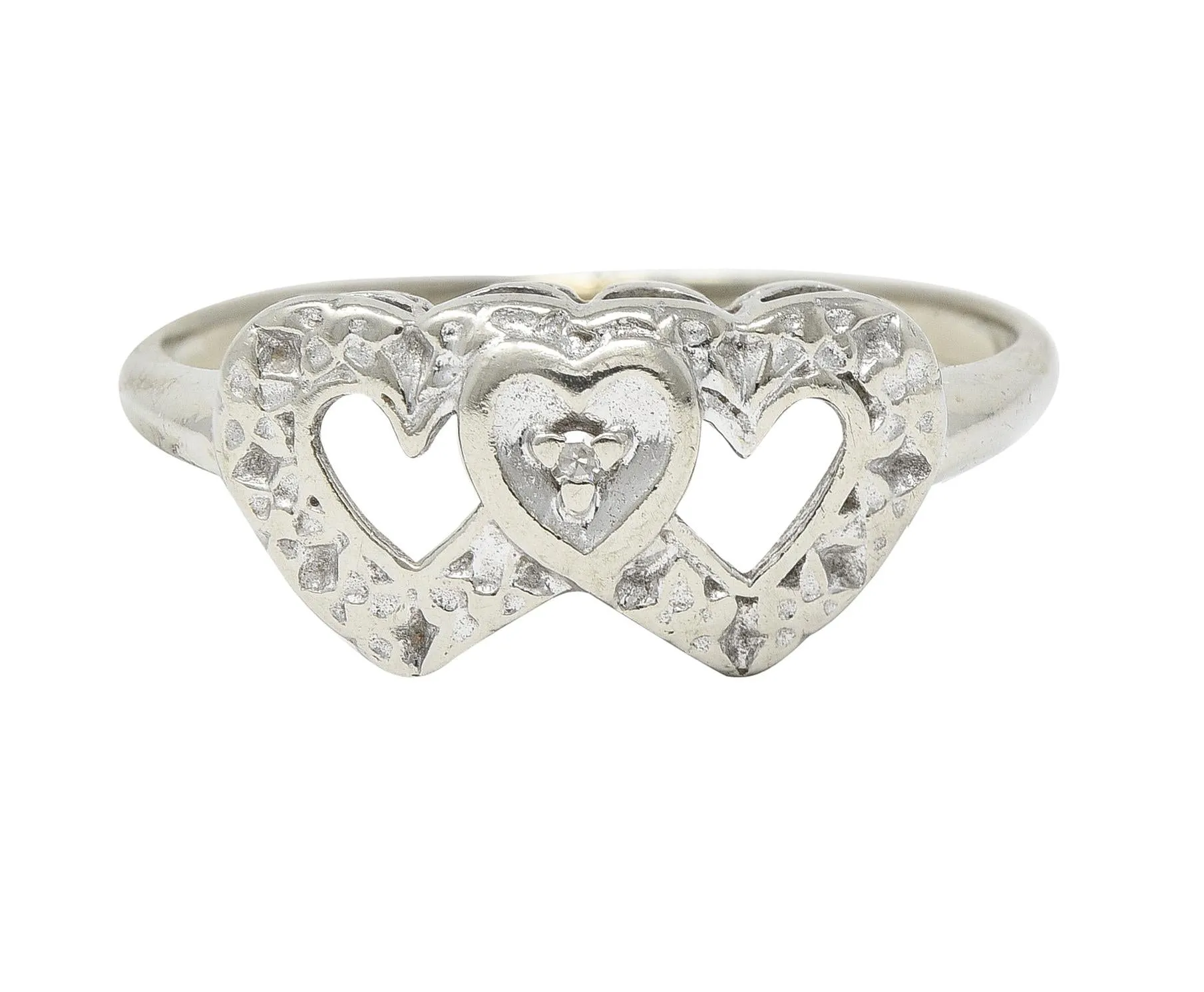 Early Art Deco 14 Karat White Gold Double Heart Floral Antique Ring