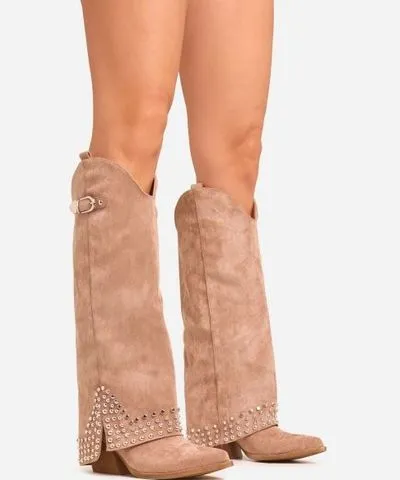 EGO Klay Stud Layered Detail Pointed Toe Knee High Western Cowboy Boot In Taupe Faux Suede