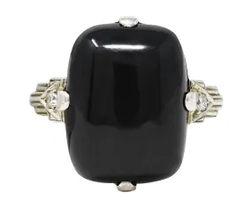 Felger Art Deco Cushion Onyx Diamond 14 Karat White Gold Stepped Shoulder Ring