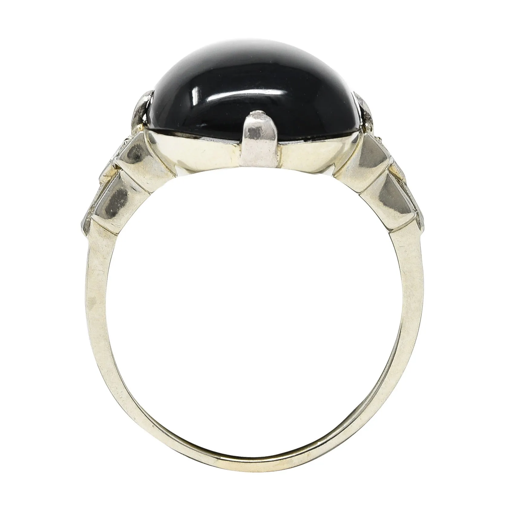 Felger Art Deco Cushion Onyx Diamond 14 Karat White Gold Stepped Shoulder Ring