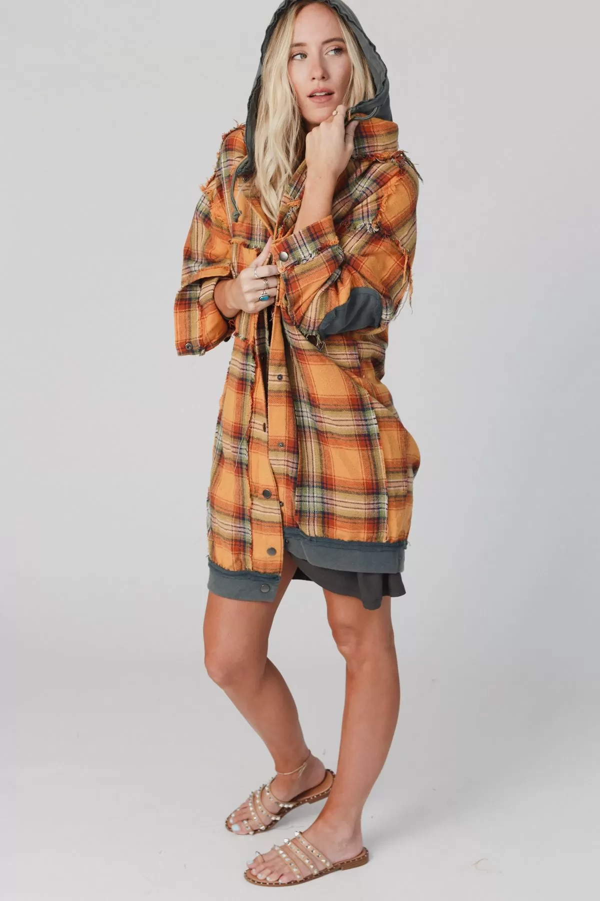 Flannel Layers Hooded Jacket - Orange Multi