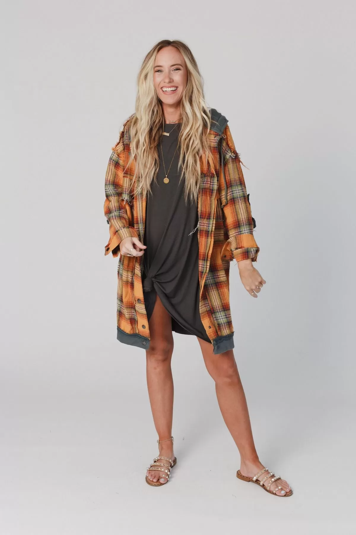 Flannel Layers Hooded Jacket - Orange Multi