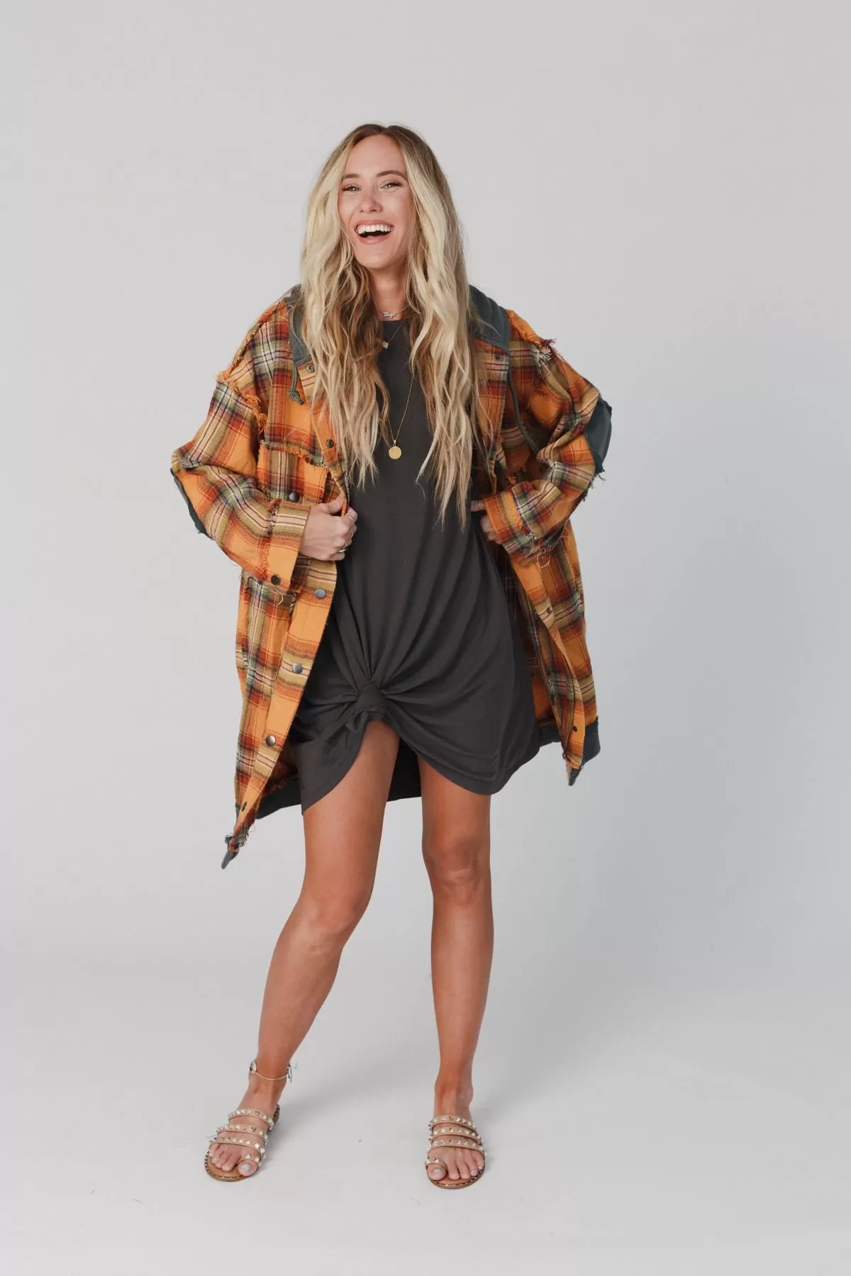 Flannel Layers Hooded Jacket - Orange Multi